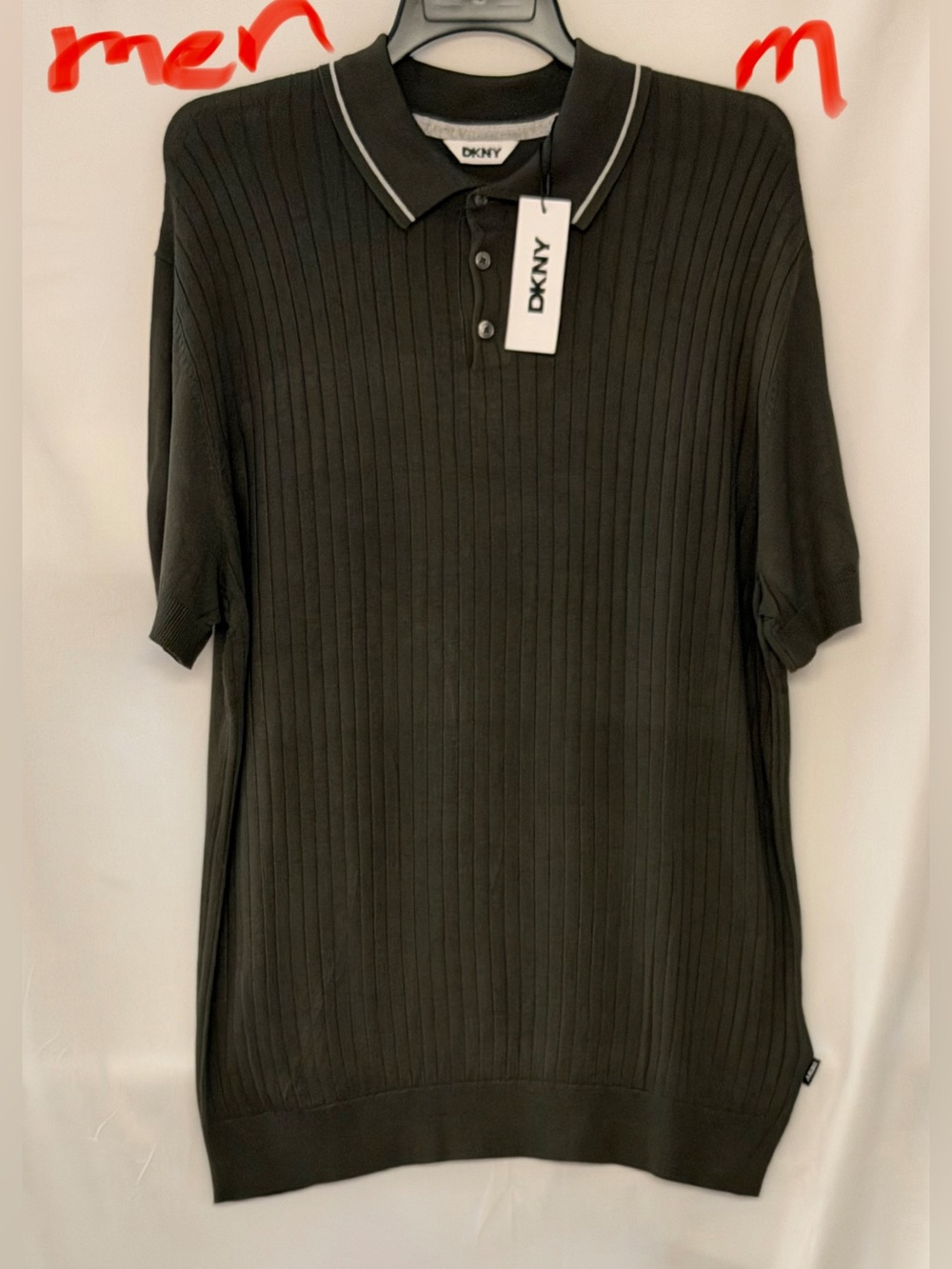 DKNY Green Ribbed Short-Sleeve Polo with Contrast Trim